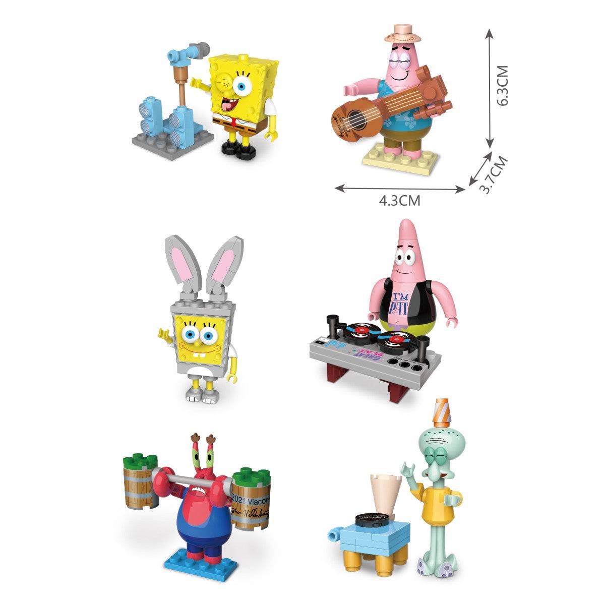 Set of SpongeBob SquarePants capsule toys featuring characters like SpongeBob, Patrick, Squidward, and Mr. Krabs in fun poses with accessories.